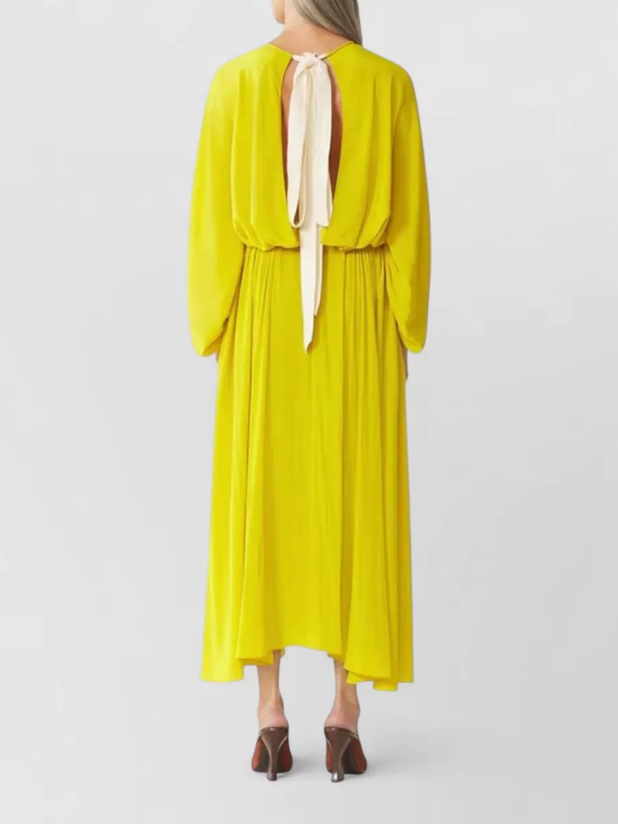 Lanvin Draped Gathered Long-Sleeve Crew-Neck Midi Dress
