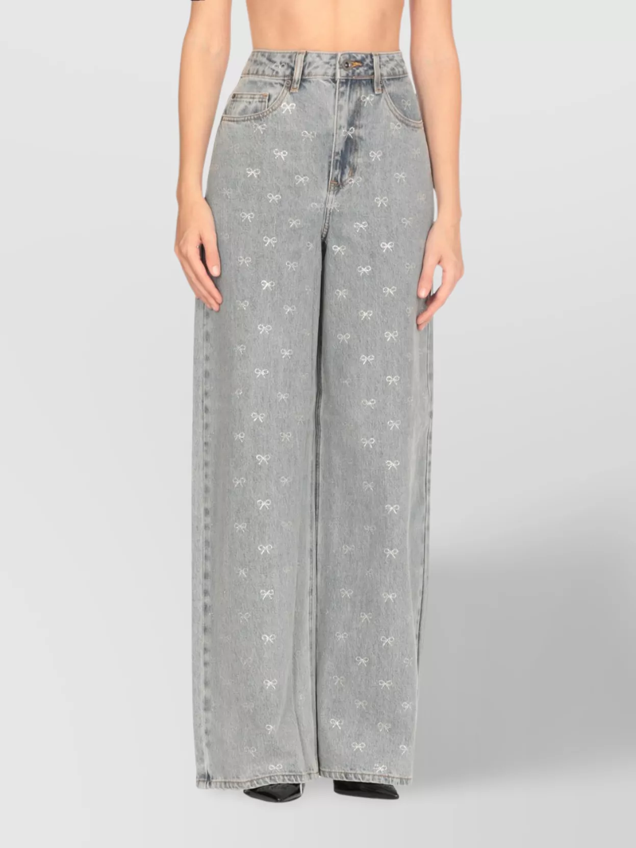 Self-Portrait Bow Embroidery Wide-Leg Cotton Jeans