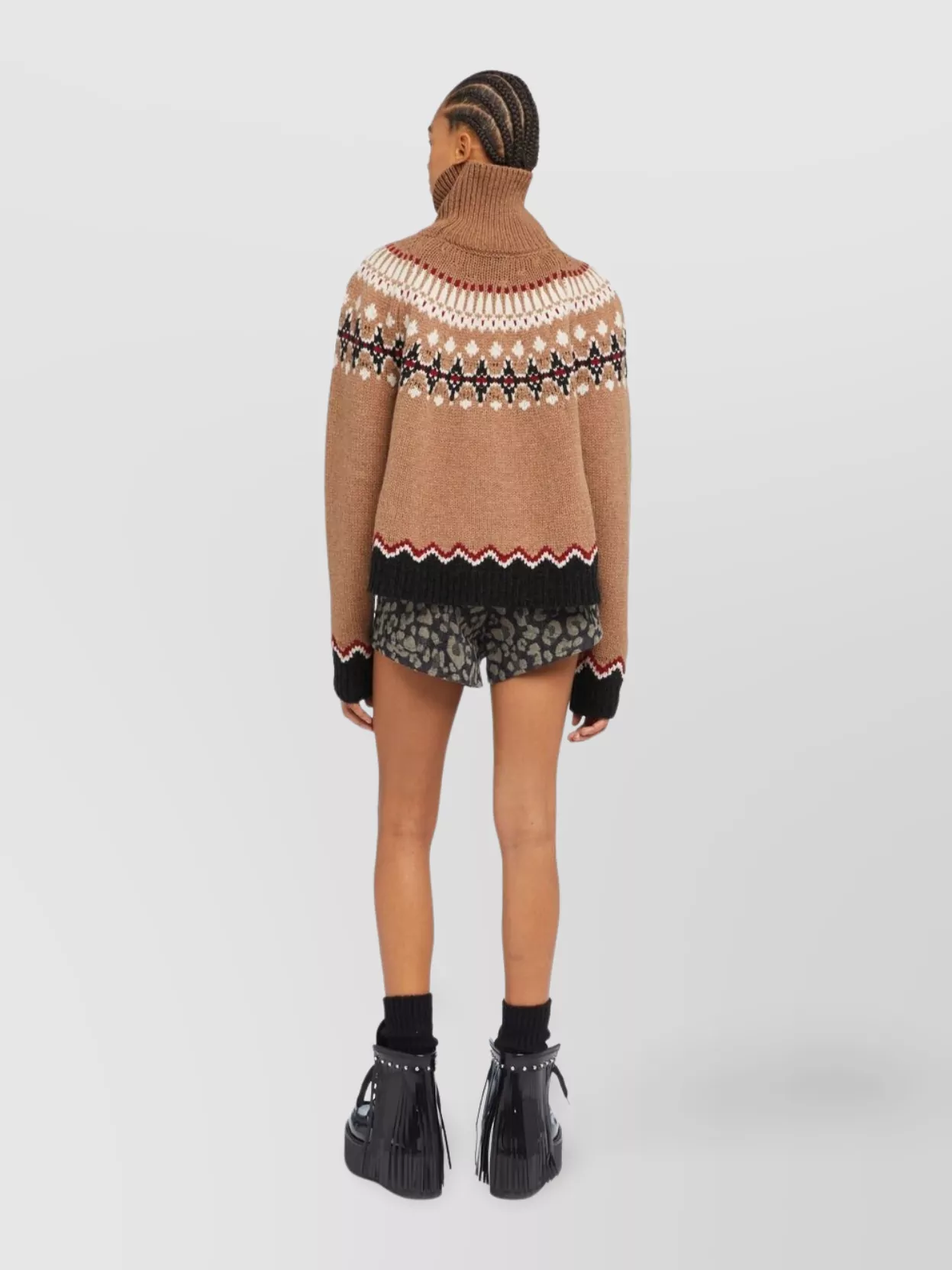 Alanui Patterned Camel Turtleneck Sweater With Geometric And Floral Motifs