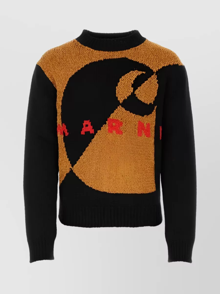 Shop Marni Velvet-effect Logo Knit Jumper With Intarsia Detail In Black
