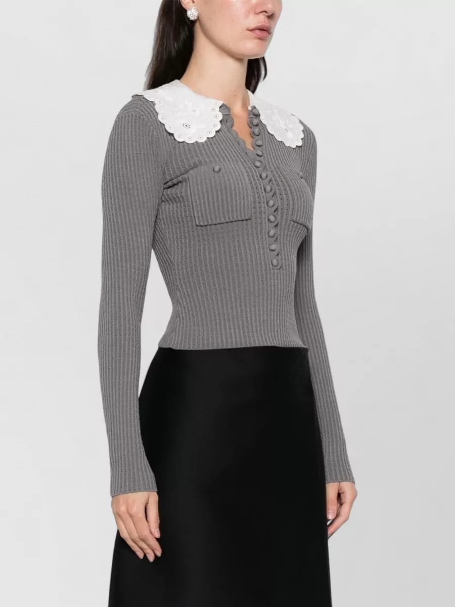 Self-Portrait Pointelle-Knit Lace-Collar Blouse