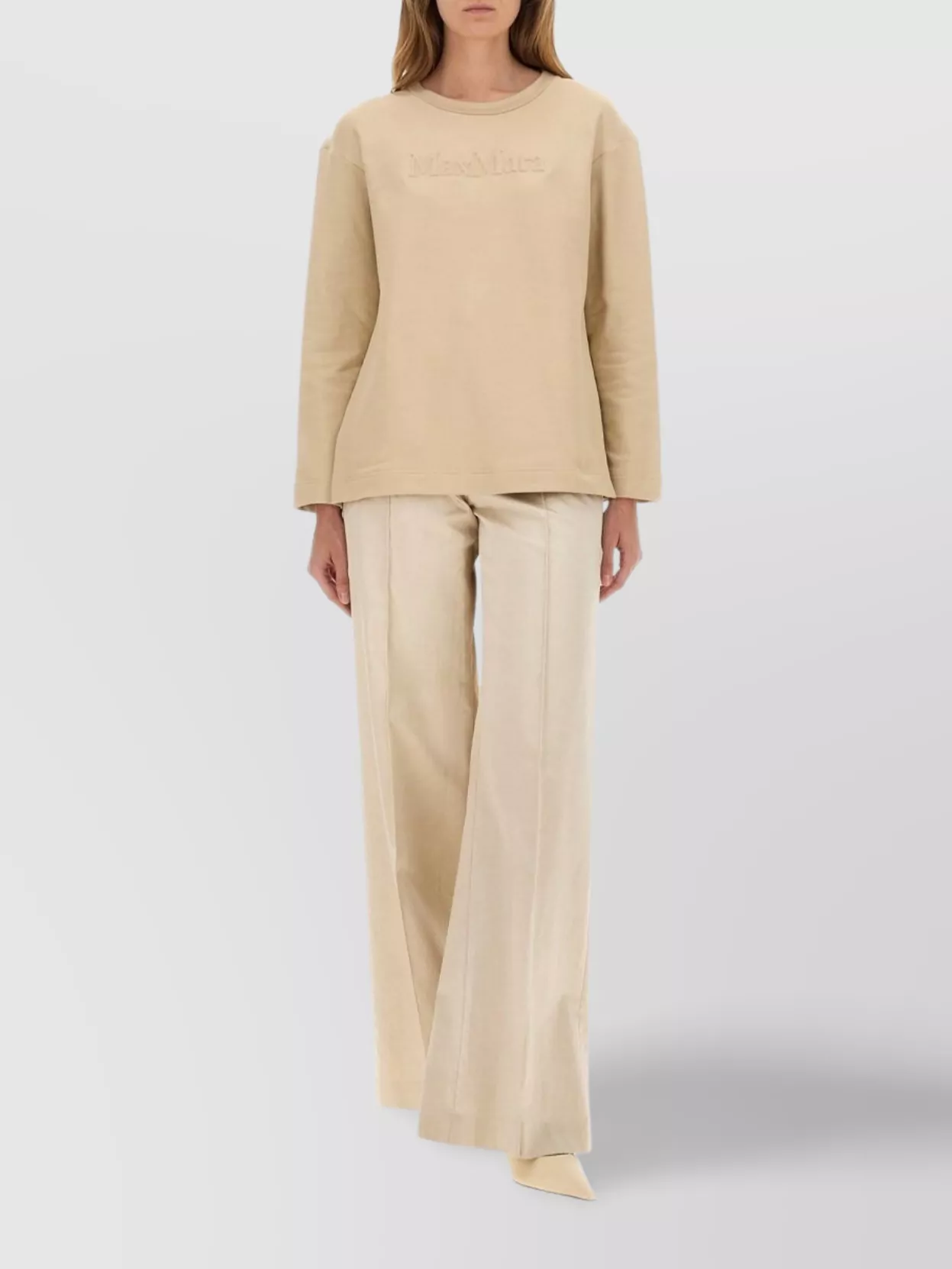 Max Mara Long Sleeve Knit Sweatshirt With Side Slits In Neutral