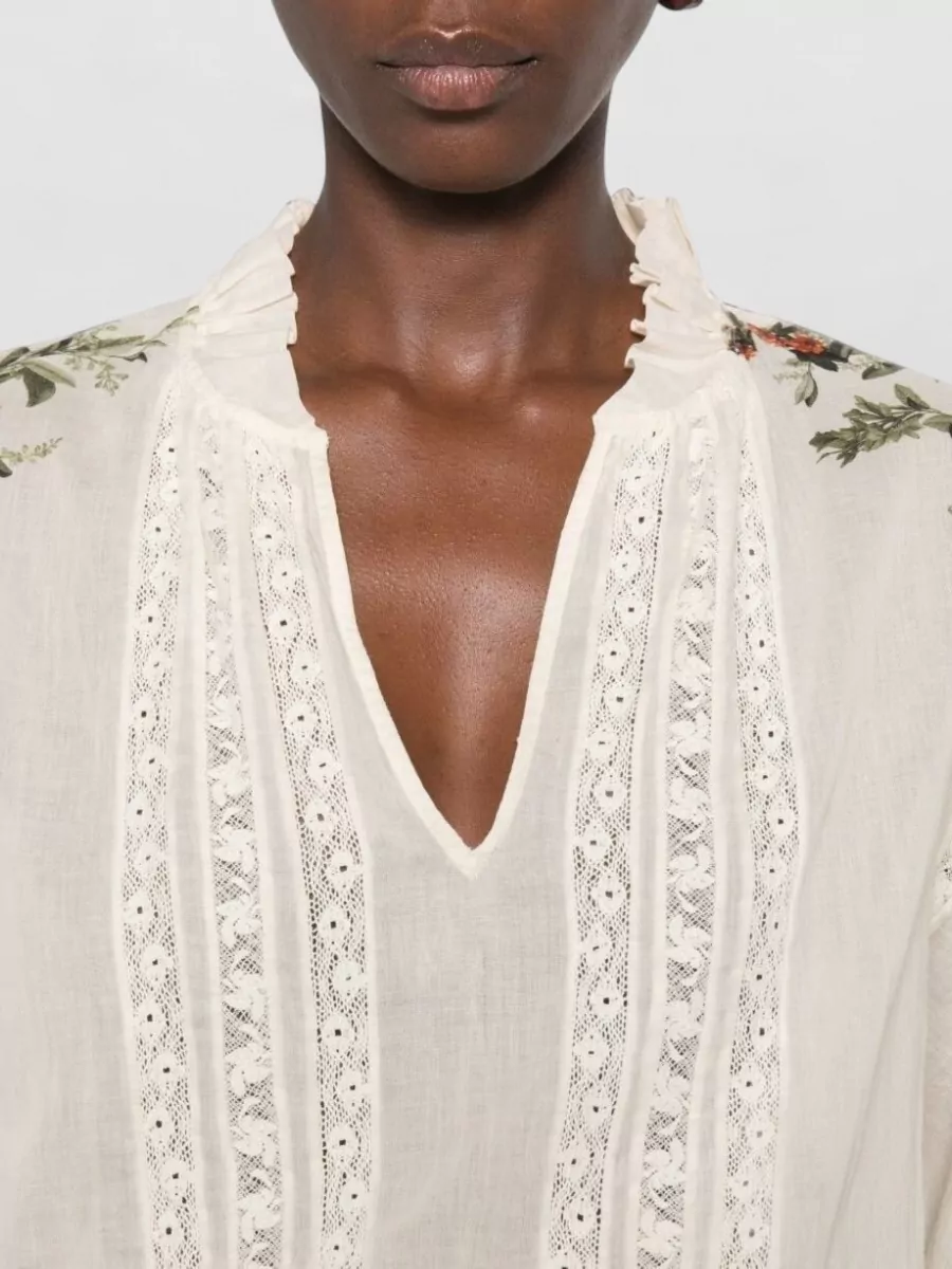 Alice + Olivia Floral-Print Lace-Trim Ruffled V-Neck Long-Sleeve Cropped Blouse