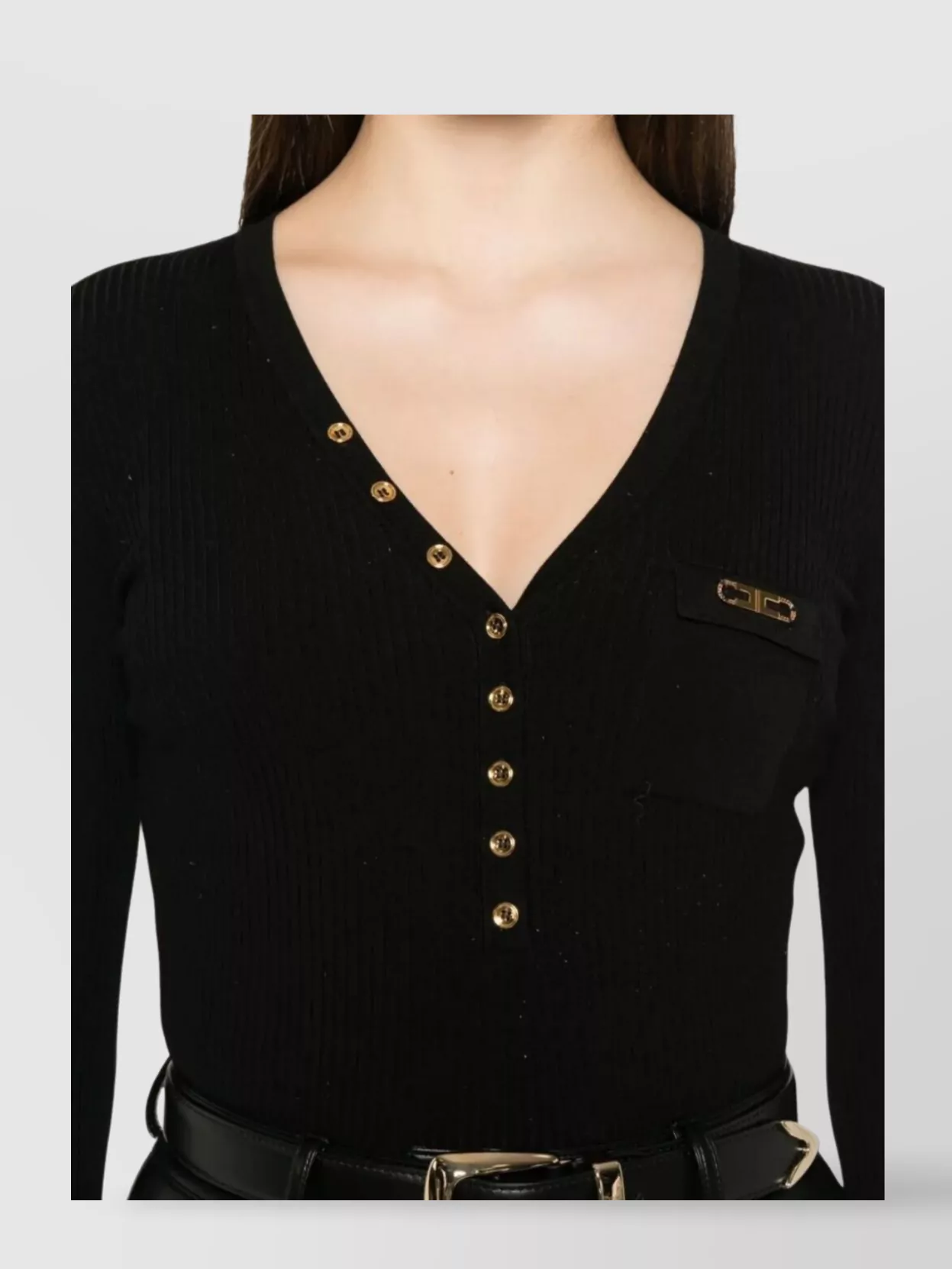 Elisabetta Franchi Ribbed Knit Top V-Neck Breast Pocket