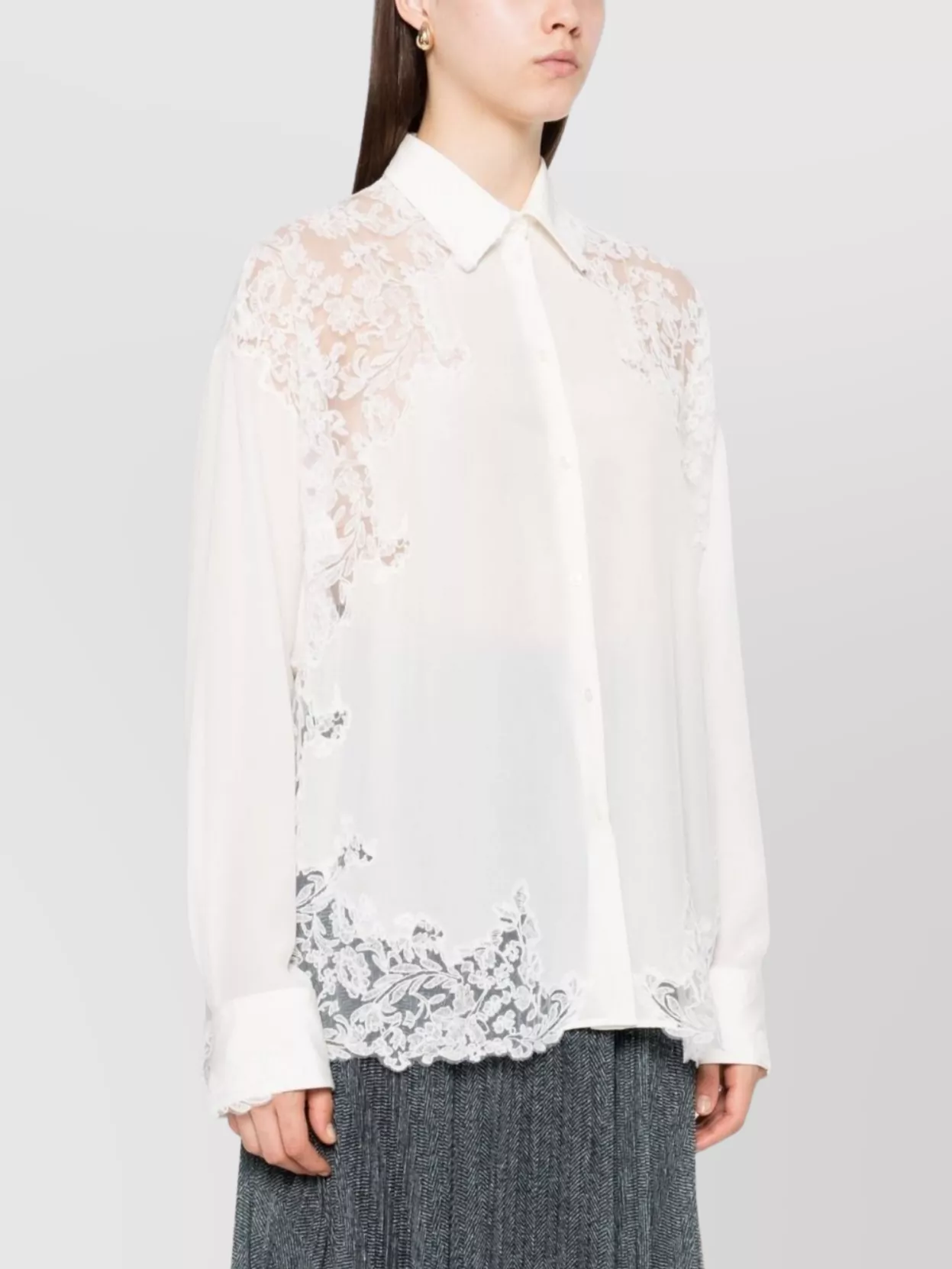 Ermanno Scervino Sheer Panel Silk Shirt With Lace Trim In White