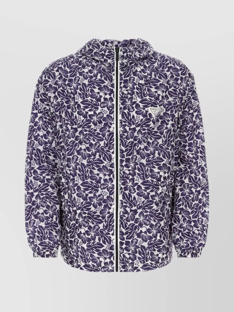 Shop Prada Floral Hooded Nylon Windbreaker In Purple