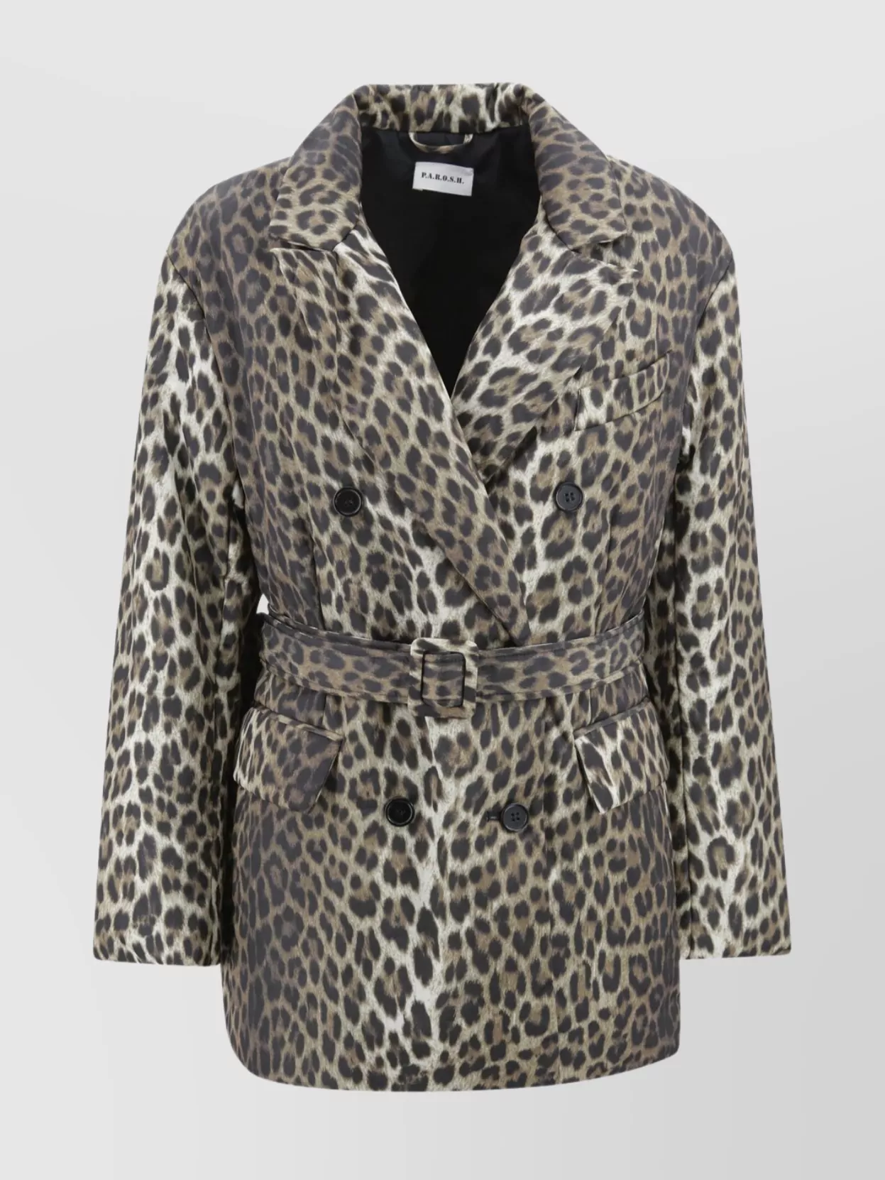P.a.r.o.s.h Waist Belted Double-breasted Notched Lapels Side Pockets In Animal Print