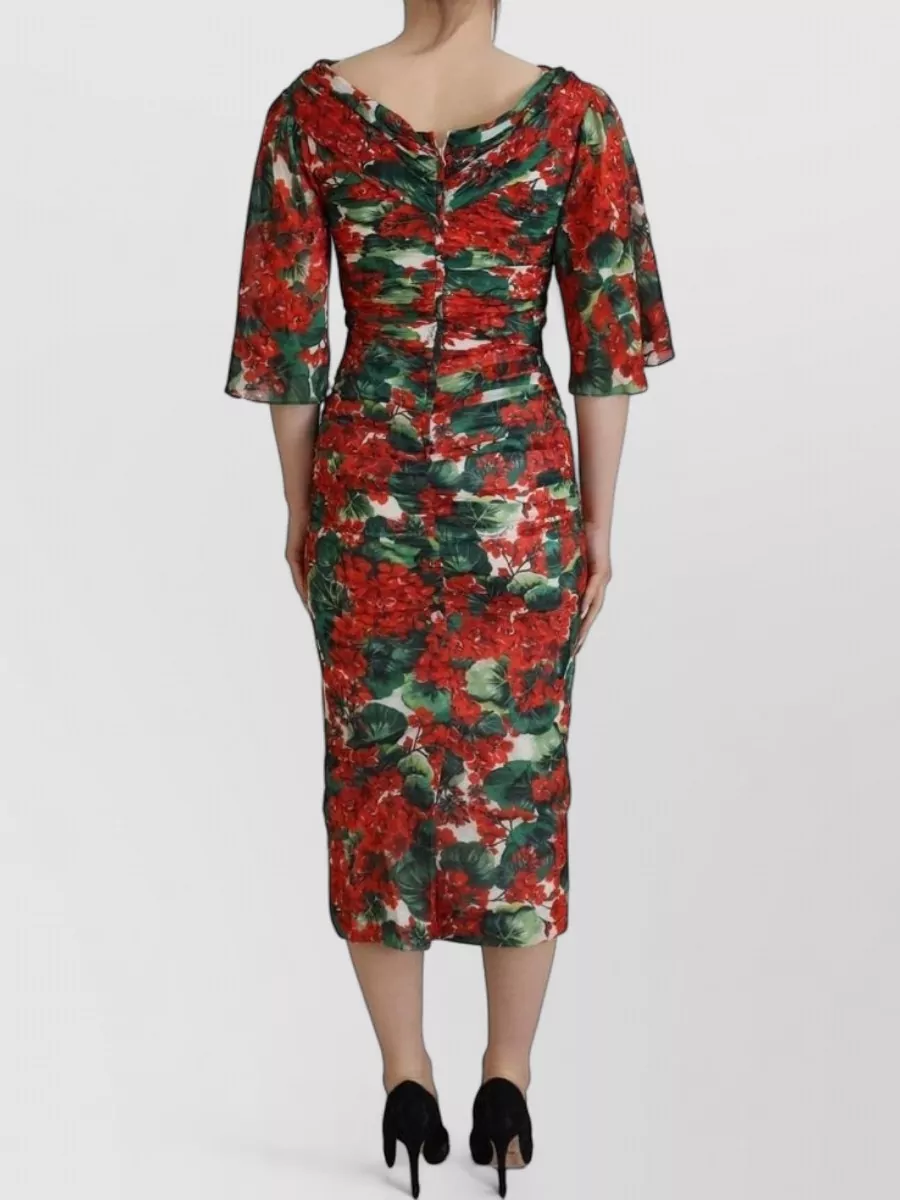 Dolce&Gabbana Silk Floral-Print Ruched V-Neck Midi Dress