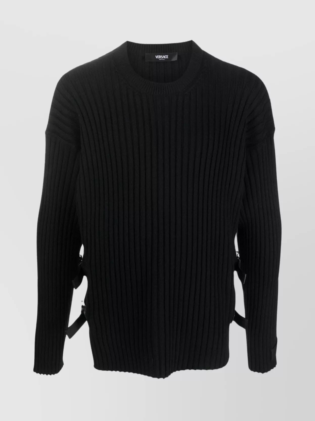 Shop Versace Ribbed Knit Sweater With Side Buckles In Black