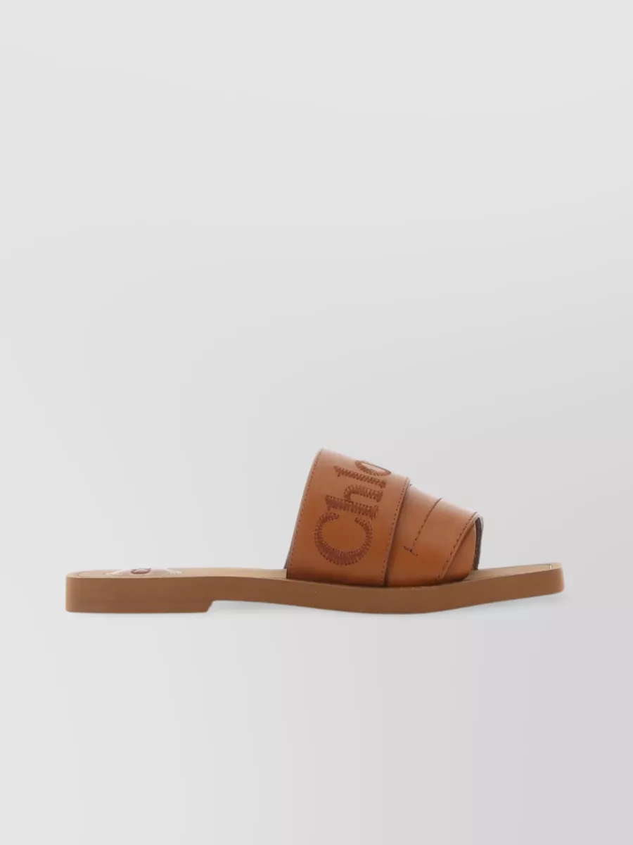 Shop Chloé Embroidered Logo Leather Slippers In Brown