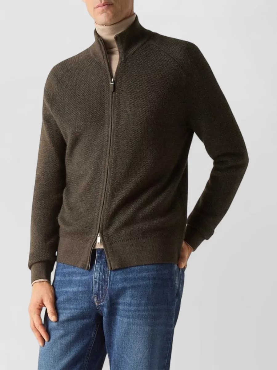 Zegna Cashmere Silk Micro Jacquard Zip Cardigan
