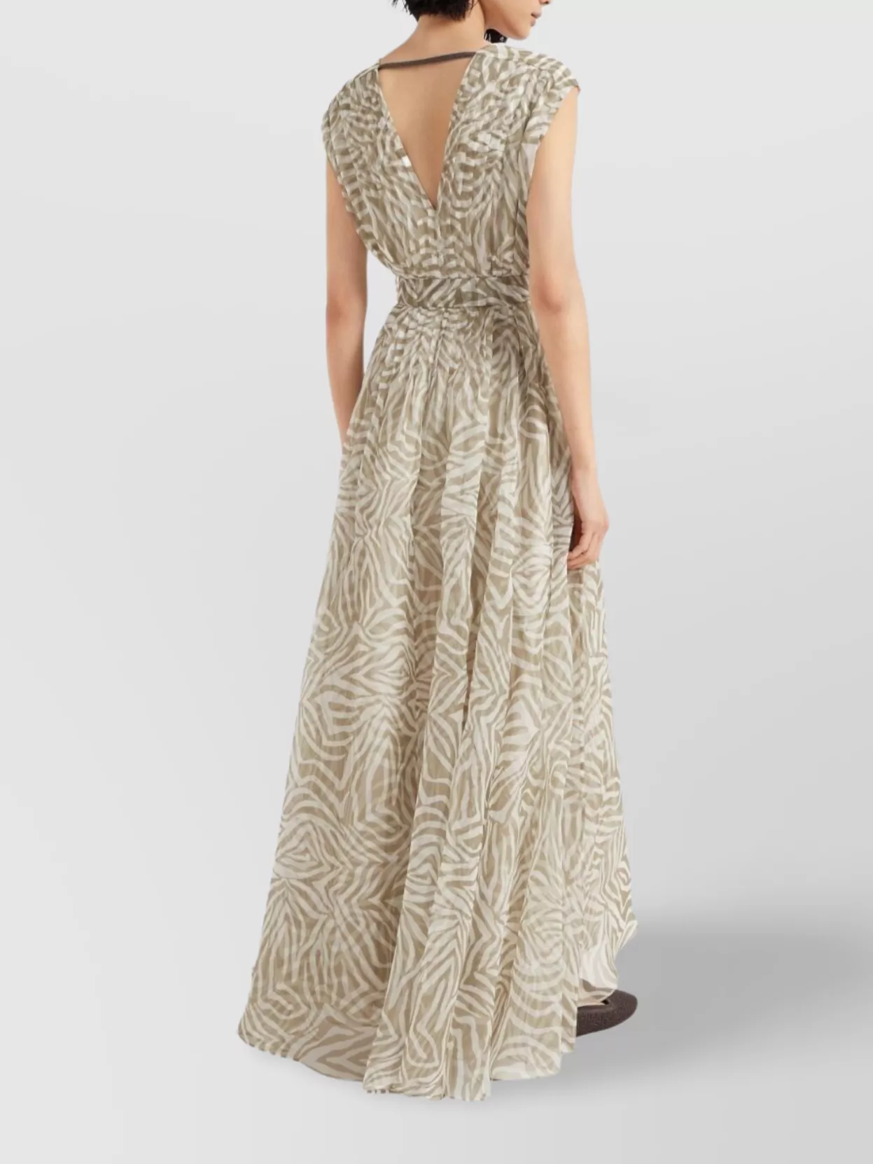 Brunello Cucinelli V-Neckline Silk Long Dress With Zebra Pattern