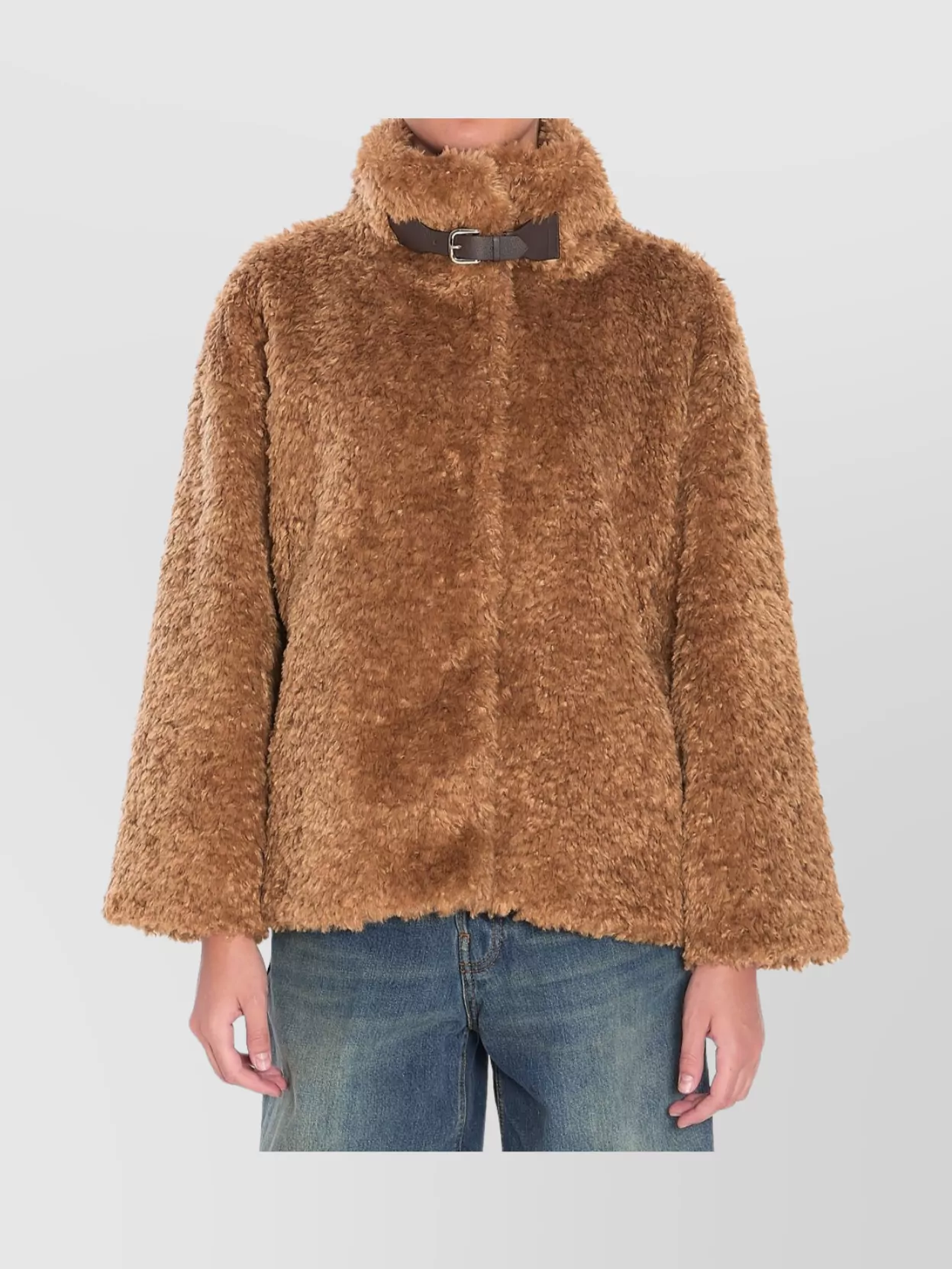 Herno Faux Fur Coat With Leather Belt In Brown
