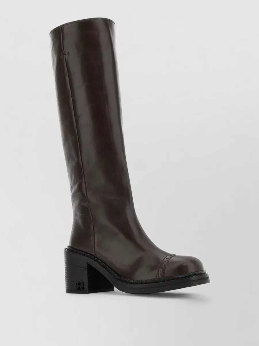 Miu Miu Leather Knee High Boots Block Heel In Brown