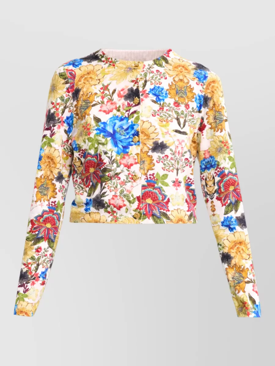 Alice + Olivia floral print ribbed trim cropped jacket