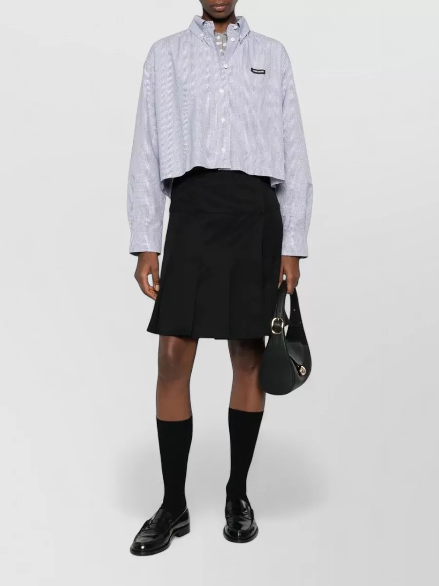 Miu Miu Check Pattern Cropped Poplin Button Shirt In Blue