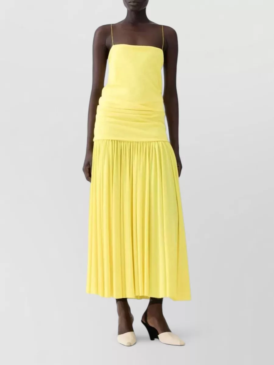 Jacquemus Yellow Dress With Straight Neckline And Gathered Waist In Tech Fabric Woman In Yellow