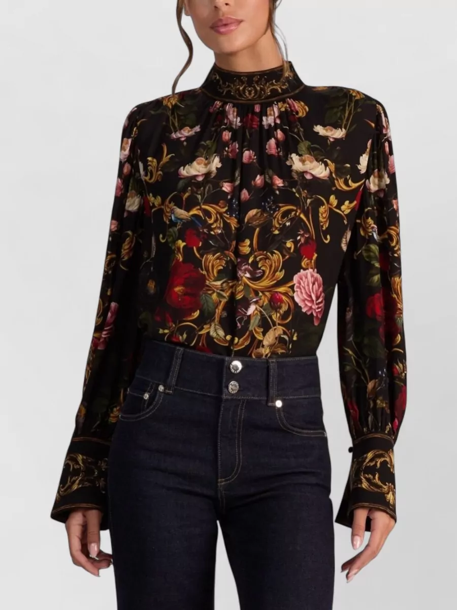 Alice + Olivia Floral-Print Mock-Neck Gathered Long-Sleeve Blouse