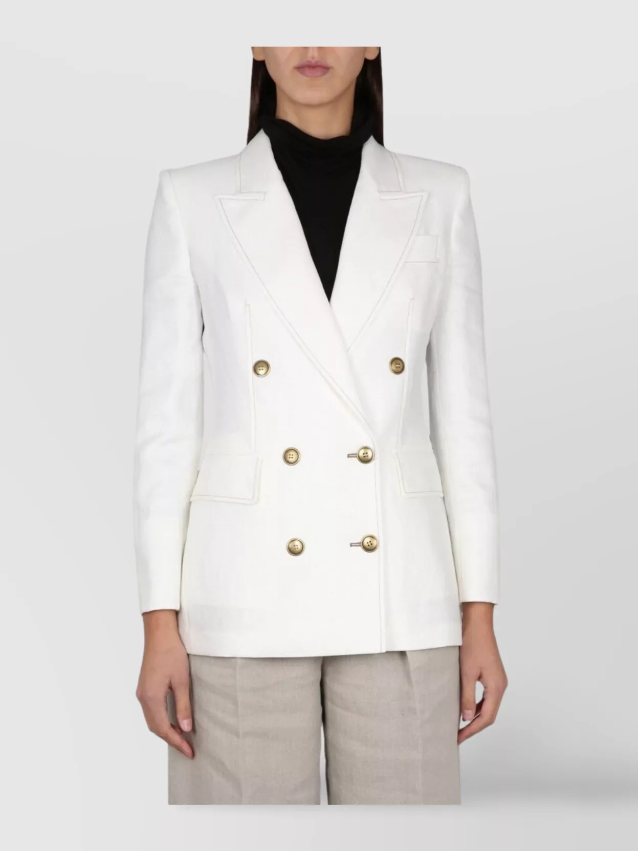 Max Mara Double Breasted Jacket Notched Lapels Flap Pockets In White