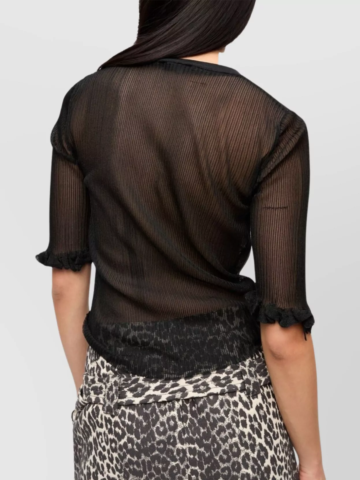 Ganni Graphic Print Sheer Knit Top With Ruffle Cuffs