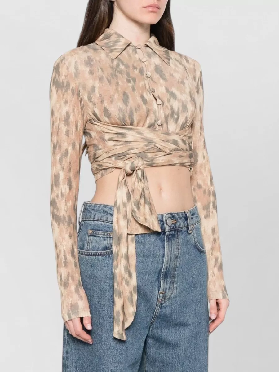 Ganni Printed Wrap Long-Sleeve Cropped Blouse