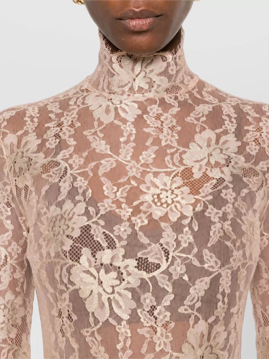 Valentino Floral Lace Long Sleeve Slim-Fit Bodysuit