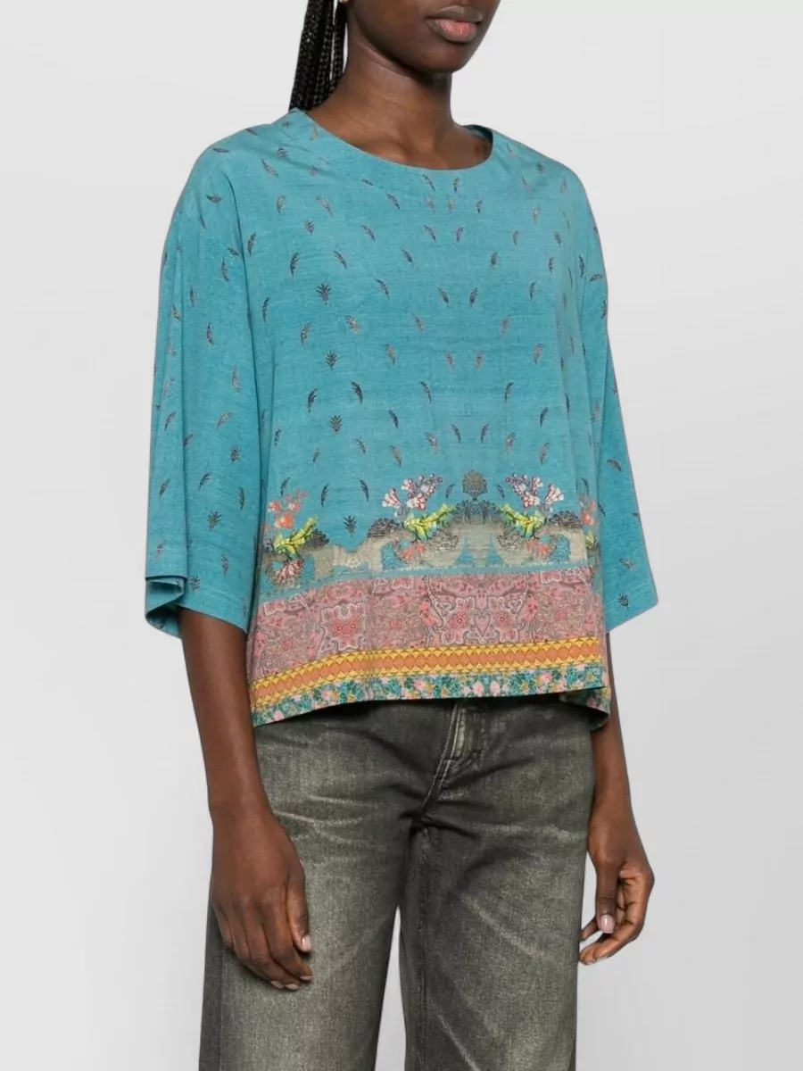 Pierre Louise Mascia Silk Blouse Cropped Relaxed Floral Border
