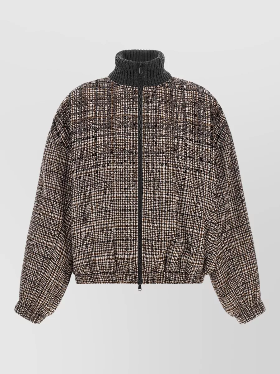 Brunello Cucinelli alpaca wool sequin check oversized bomber jacket