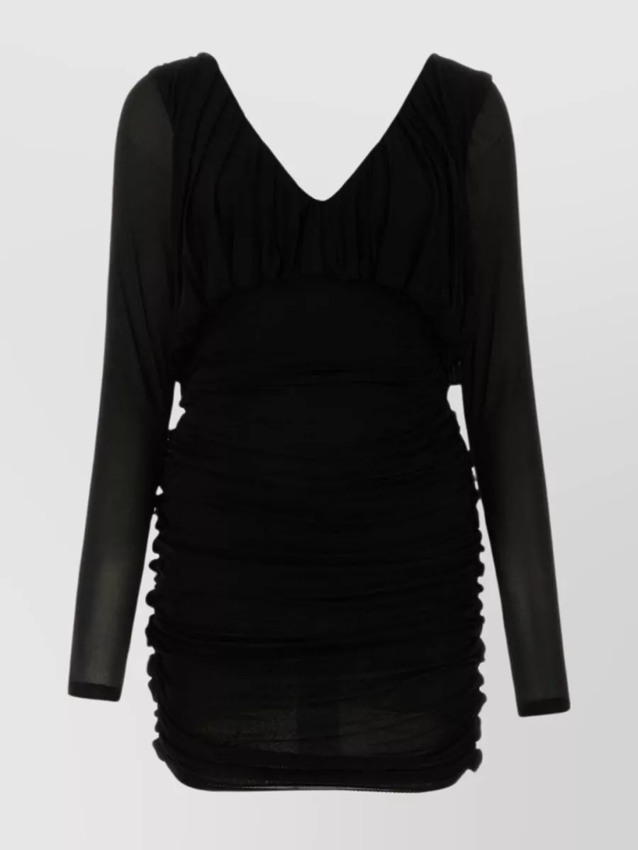 Shop Saint Laurent Cupro Mini Dress With V Neckline And Sheer Sleeves In Black