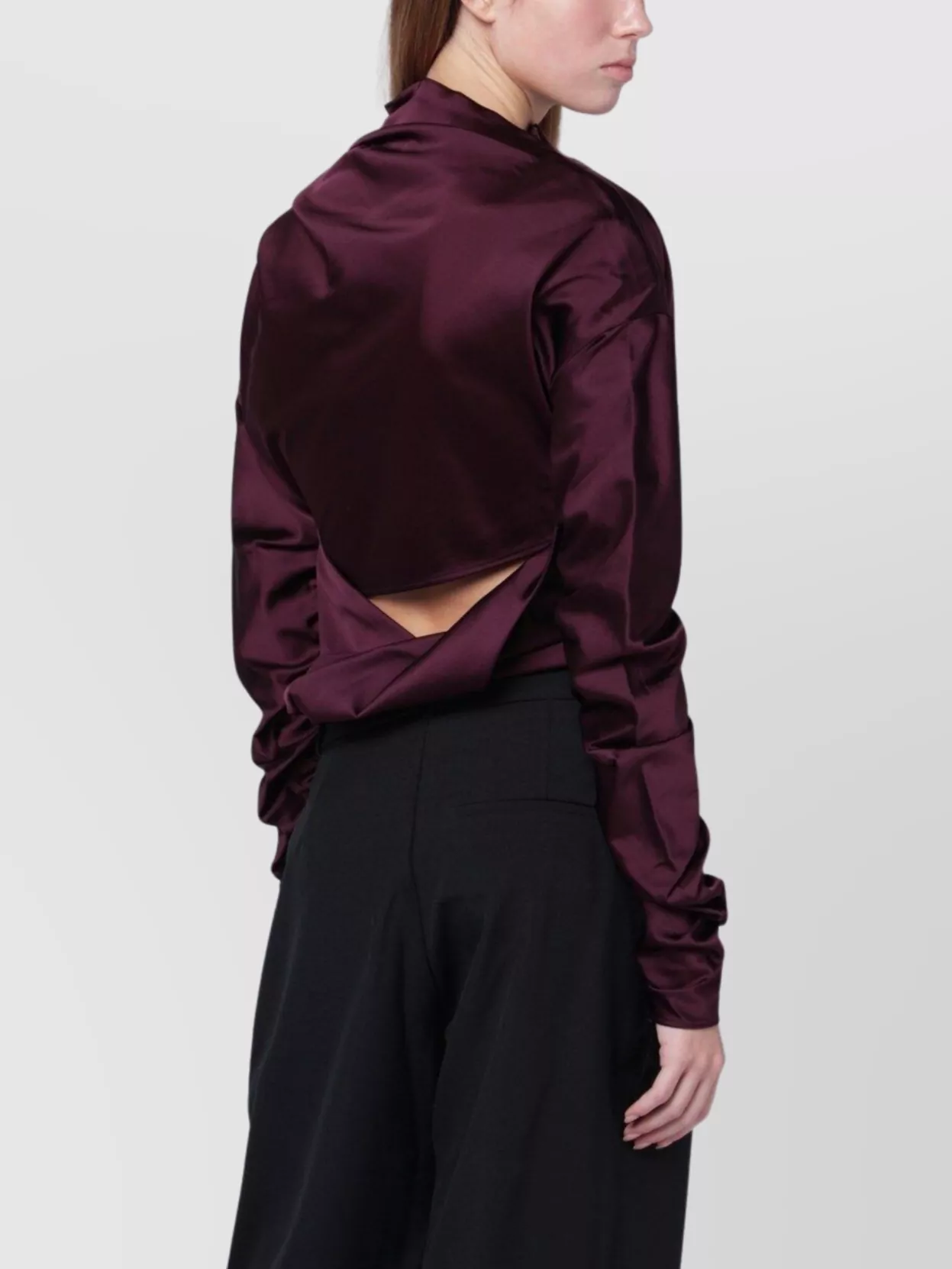 Ganni Satin Blouse With Draped Detail And High Neck In Burgundy