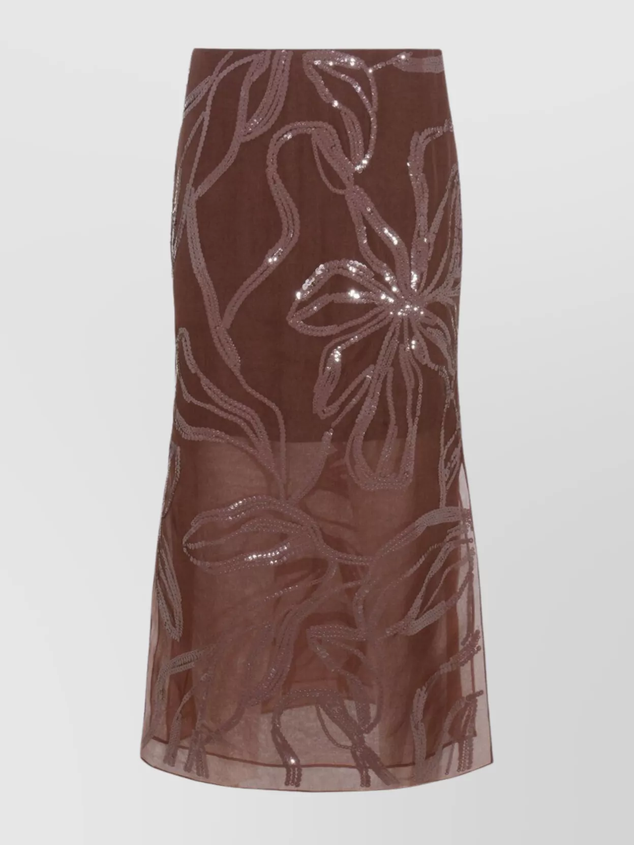 Brunello Cucinelli Floral Midi Skirt Sheer Overlay In Brown