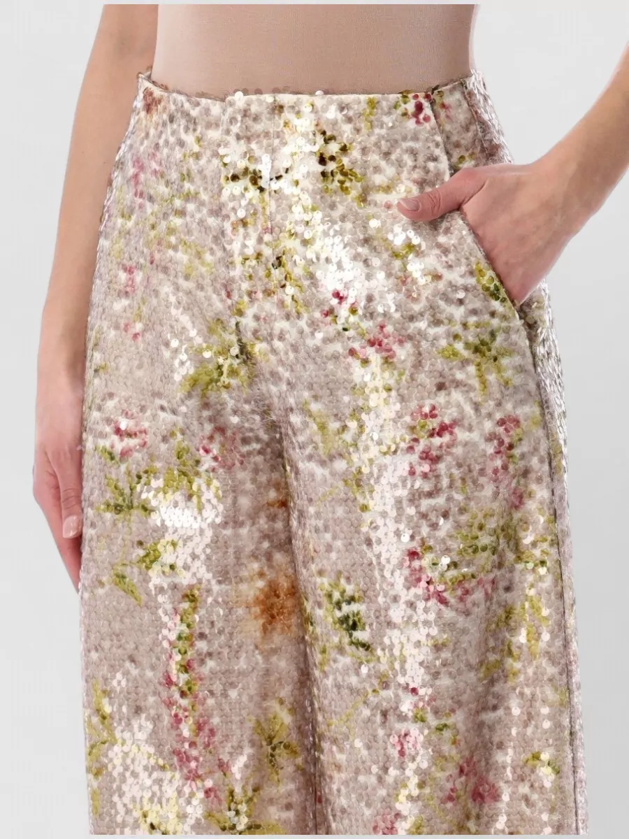Alberta Ferretti Floral Sequin Wide Leg Trousers Side Pockets