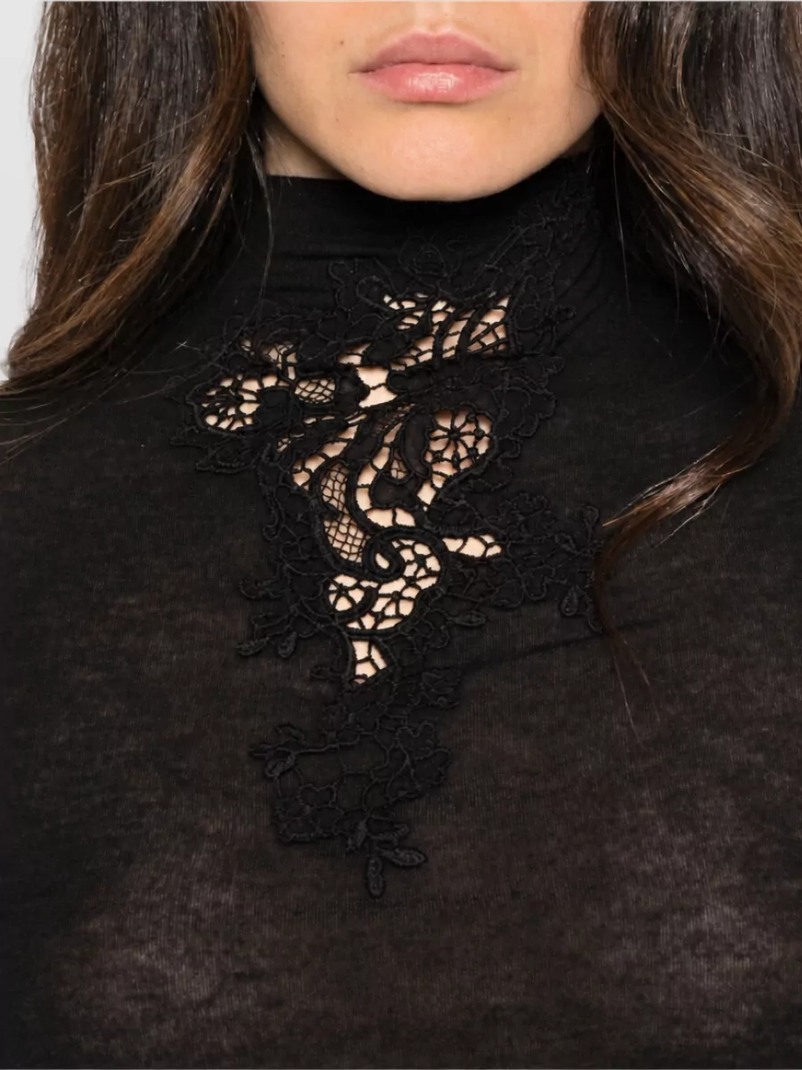 Ermanno Scervino Cashmere Floral-Lace Appliqué Semi-Sheer High-Neck Long-Sleeve Top