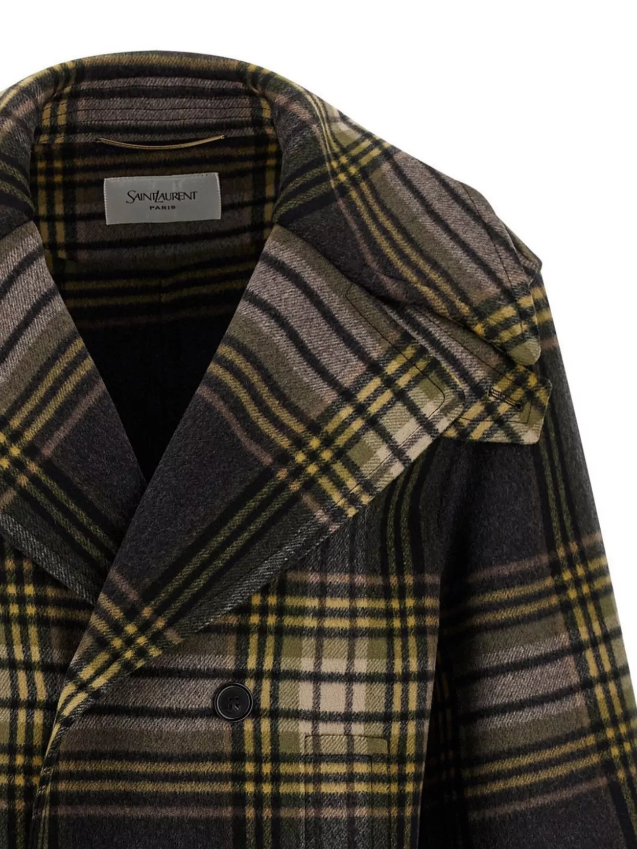 Saint Laurent Double-Breasted Plaid Coat Long Sleeves