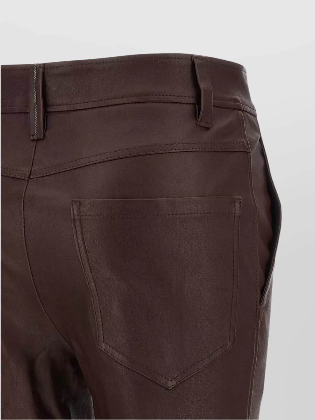 Brunello Cucinelli Stretch Nappa Leather Square Cigarette Trousers With Jewellery In Brown