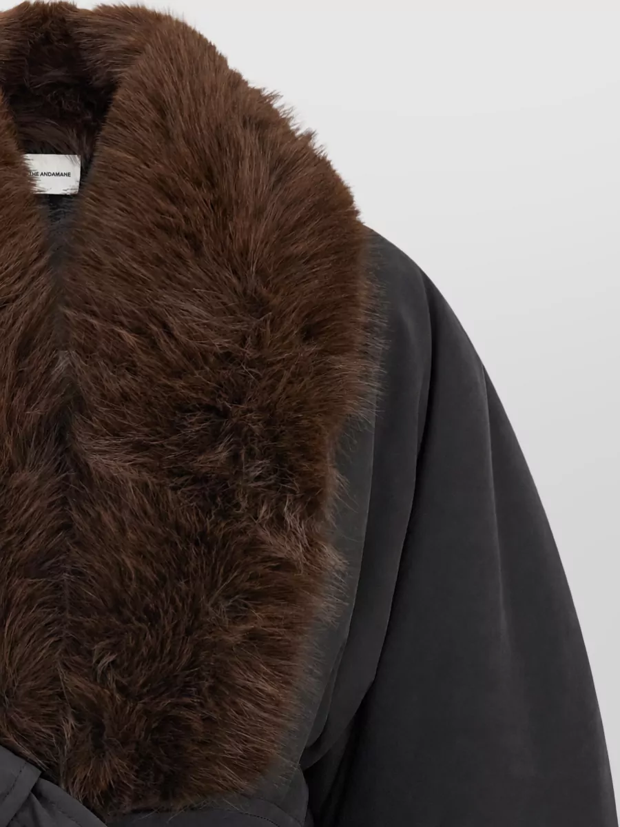 The Andamane Belted Faux Fur Trim Shawl Collar Jacket