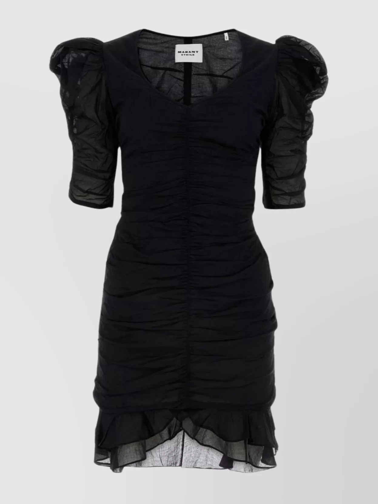 Isabel Marant Étoile Cotton Mini Dress With Sheer Overlay And Puff Sleeves In Black