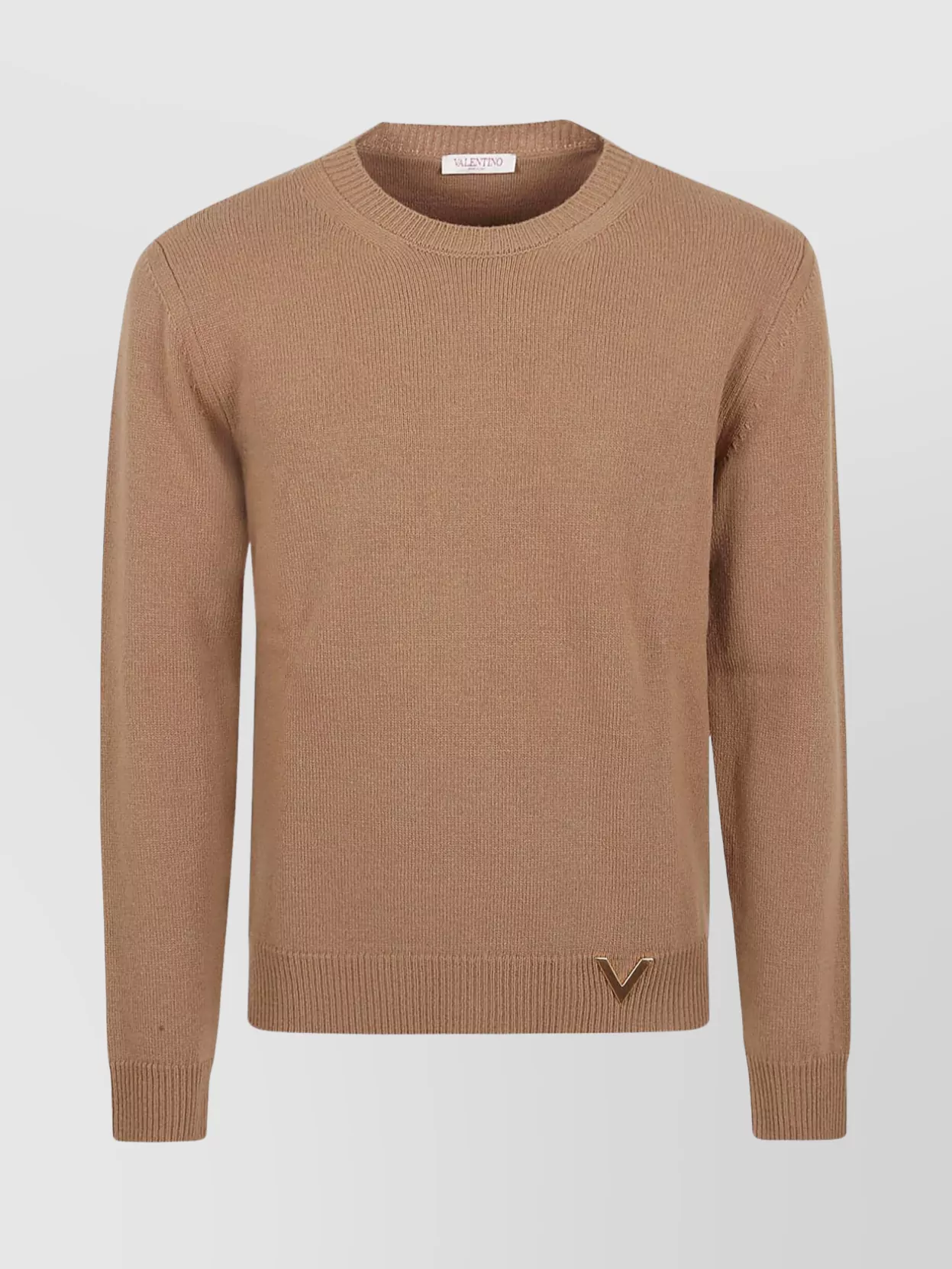 Shop Valentino Crew Neck Ribbed Hem Sweater With Hidden V Detail In Beige