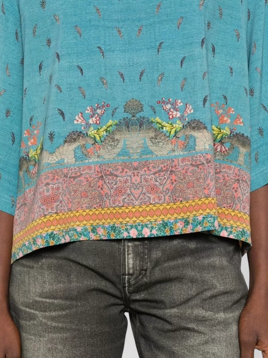 Pierre Louise Mascia Silk Blouse Cropped Relaxed Floral Border