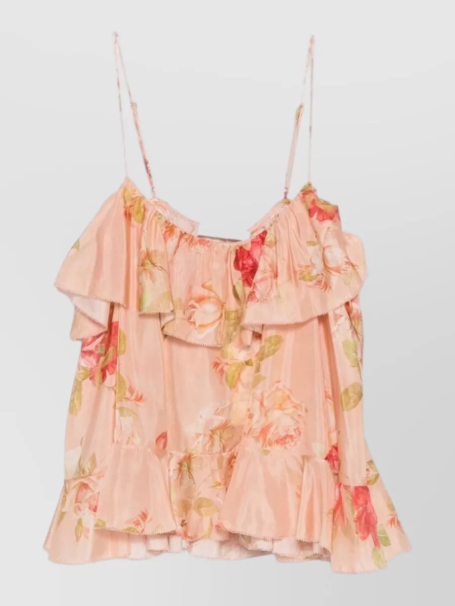 Zimmermann floral-print silk ruffled spaghetti-strap top