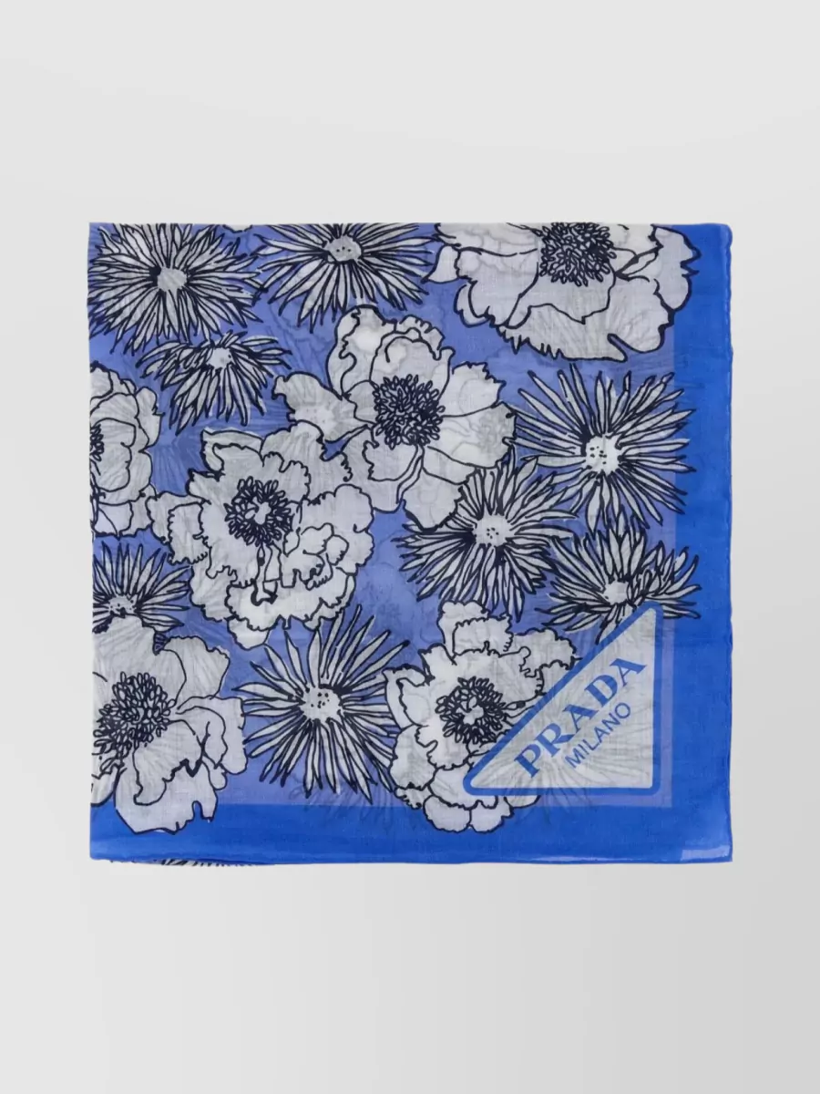 Shop Prada Fringed Edges Floral Print Cotton Foulard In Blue
