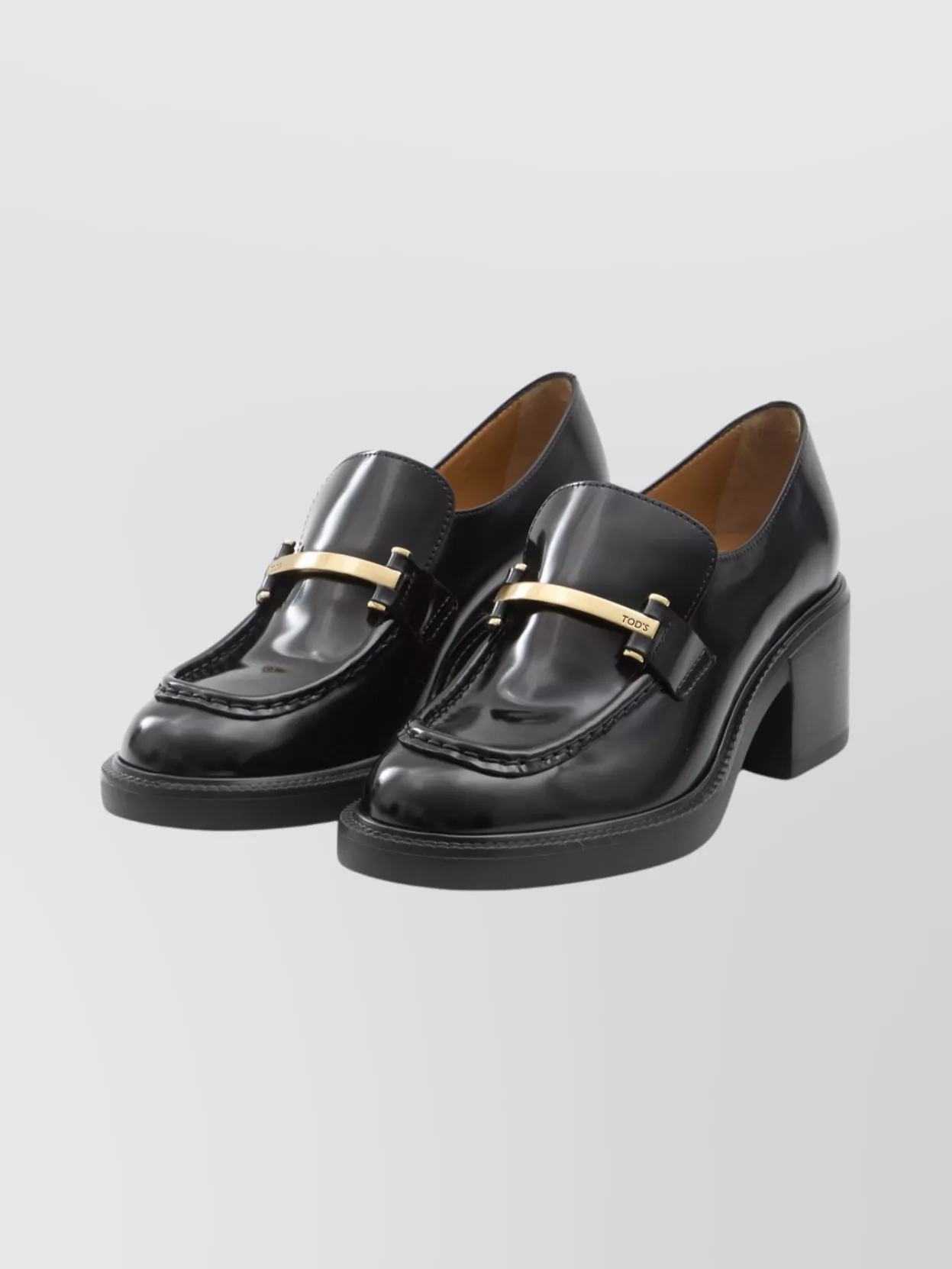 Tod's Leather Block Heel Loafer With Metal Detail