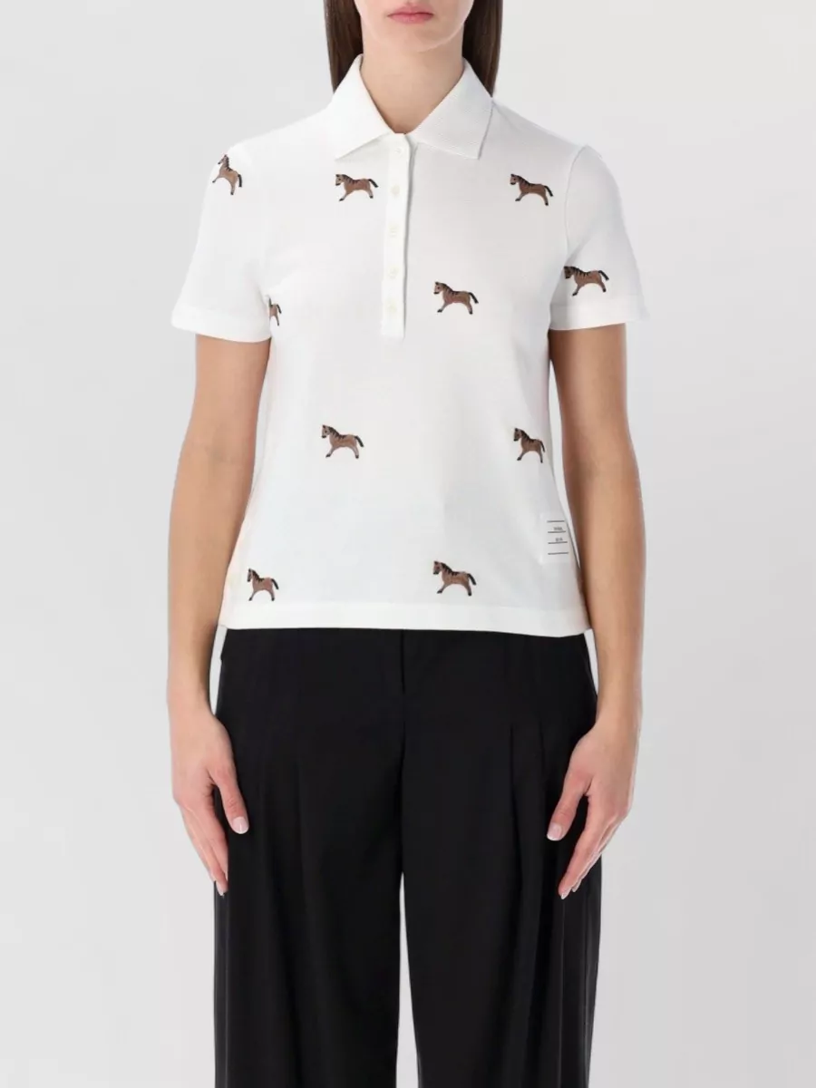 Thom Browne Polo Shirt Short Sleeves Horse Embroidery In White