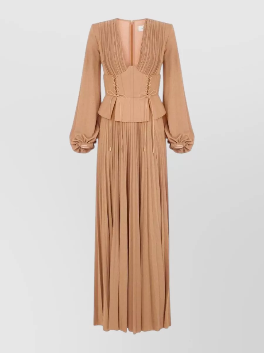 Elisabetta Franchi lurex jersey v-neck long-sleeve pleated maxi dress