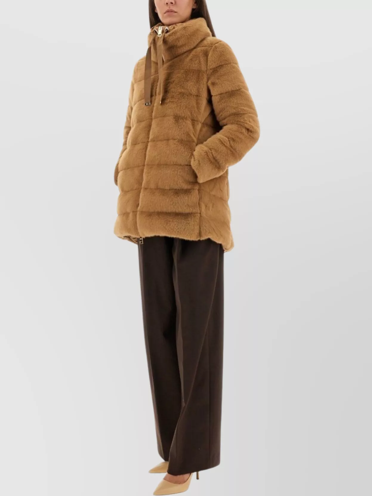 Herno Faux Fur Down Coat With High Collar In Brown