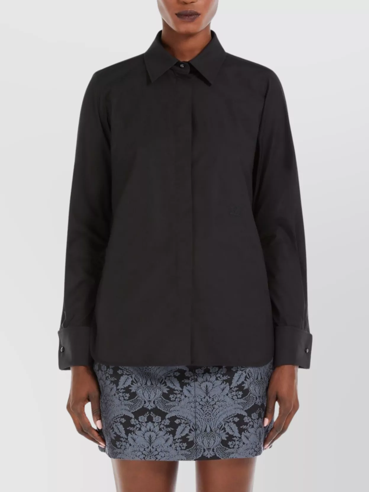 Max Mara Collar Cotton Stretch Top With Cuff Sleeves In Black