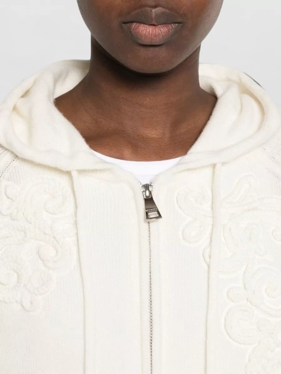 Ermanno Firenze Cashmere Wool Floral-Embroidered Open-Knit Trim Zip Hoodie
