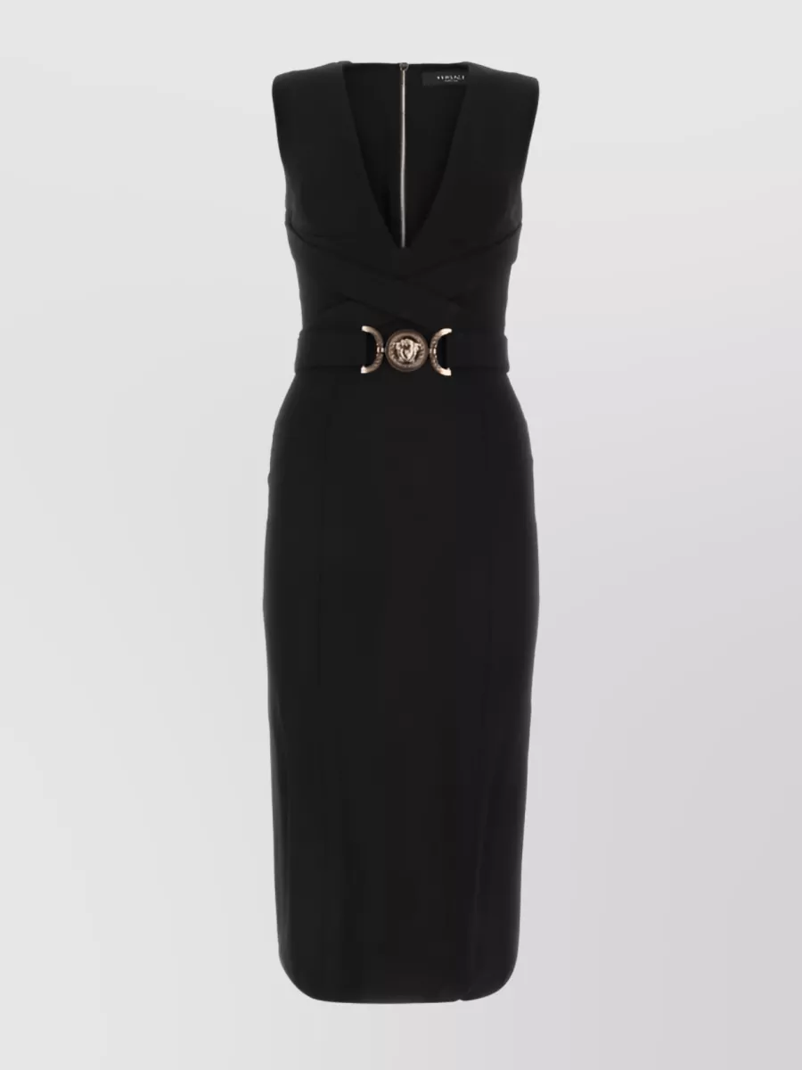 Shop Versace Medusa Biggie Belted Sleeveless Dress In Black