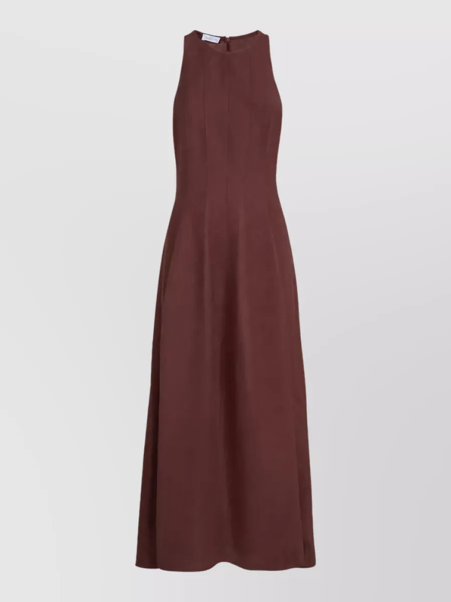 Brunello Cucinelli Viscose linen maxi dress — The Brunello Cucinelli chocolate sleeveless maxi creates a single, fluid column that harmonizes perfectly with the Prada caramel crescent bag for a quiet-luxury warm-weather ensemble without needing tailoring separates.