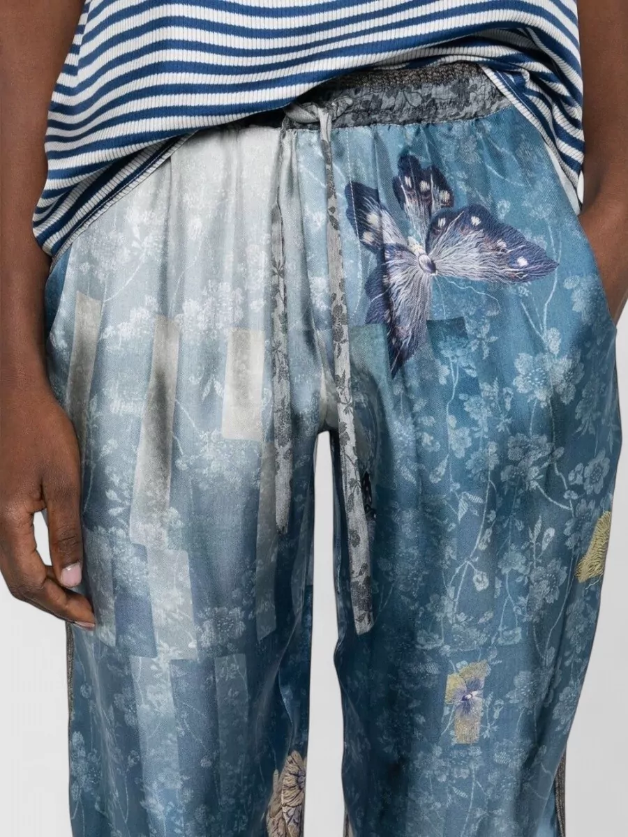 Pierre Louise Mascia Silk Trousers Butterfly Floral Cropped Sheer